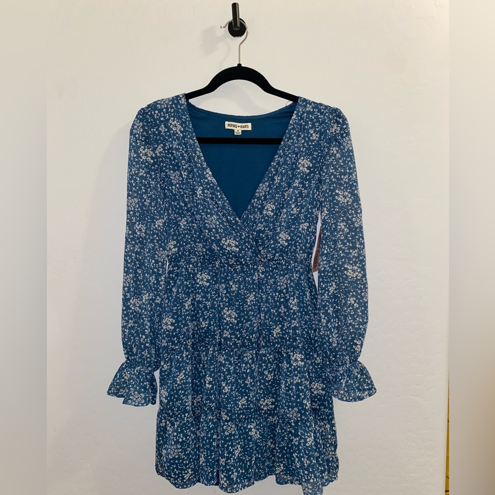 Inspired Hearts blue/ floral long sleeve v neck mini dress
